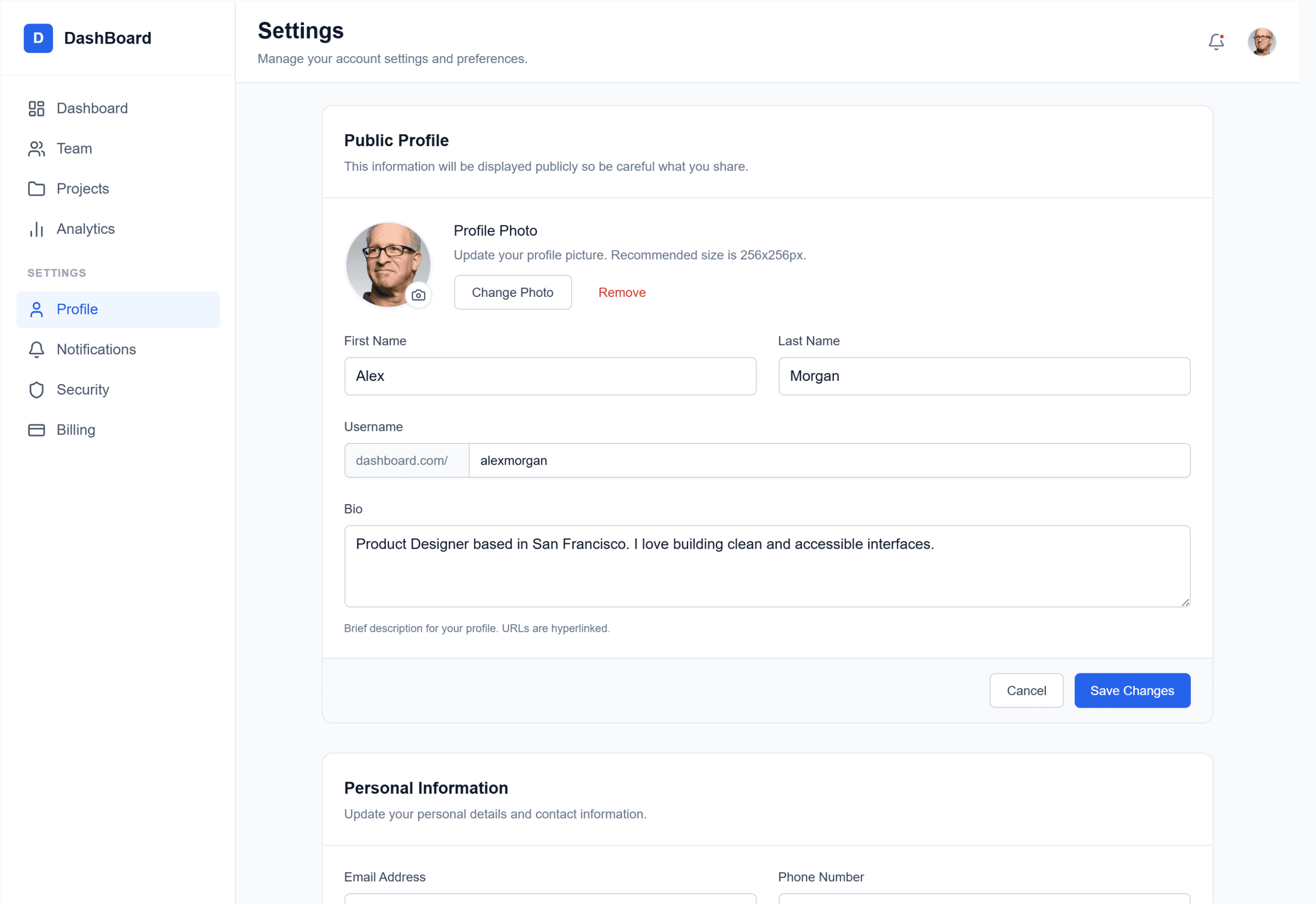 Dashboard Settings Page