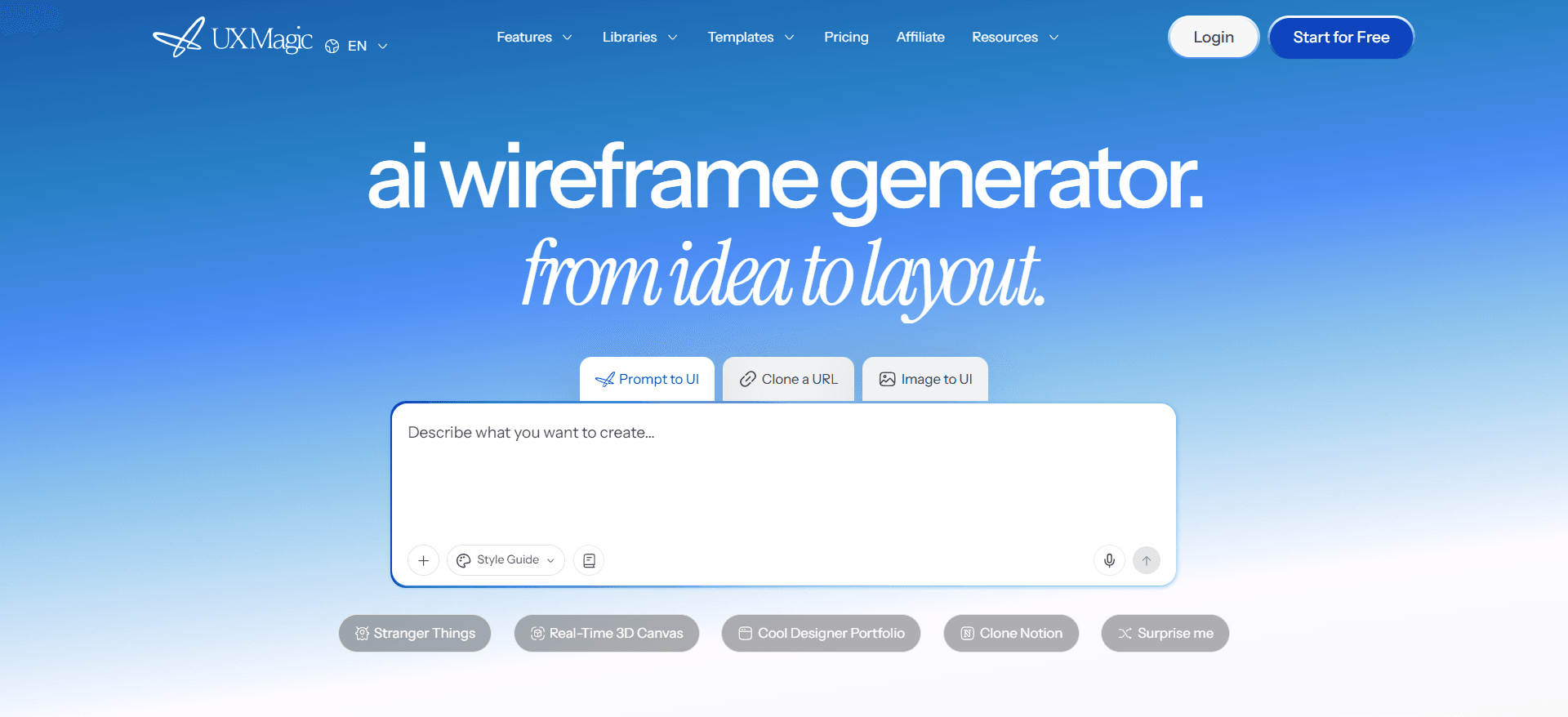 UXMagic's AI wireframe generator page with a prompt box for describing screens