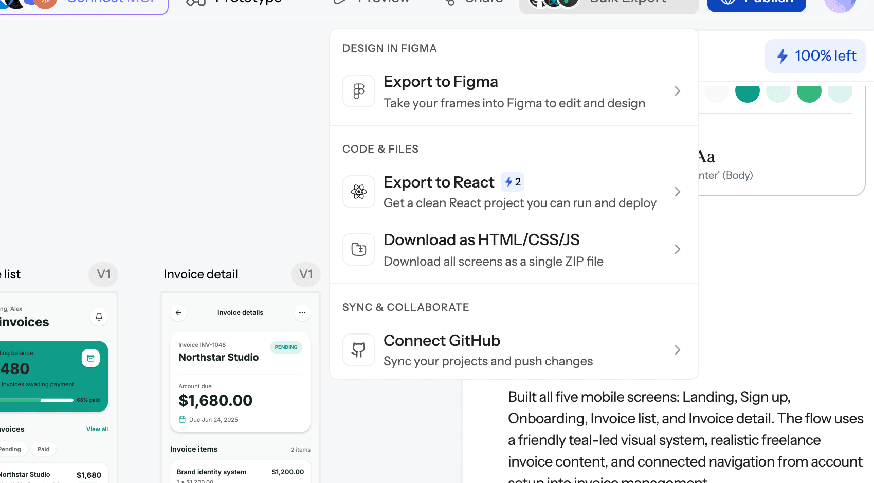 UXMagic Bulk Export menu with Export to Figma, Export to React, Download as HTML/CSS/JS and Connect GitHub options