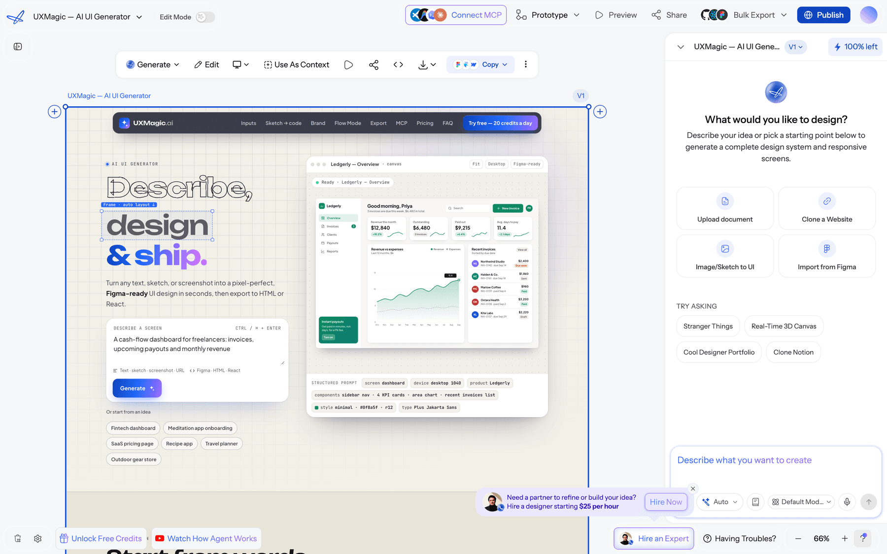 The UXMagic canvas with a generated landing page, the chat panel offering Upload document, Clone a Website, Image/Sketch to UI and Import from Figma, and a top bar with Prototype, Preview, Share, Bulk Export and Publish
