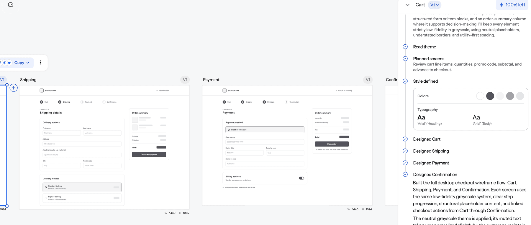UXMagic wireframe mode showing greyscale Shipping and Payment checkout wireframes on the canvas next to the chat panel