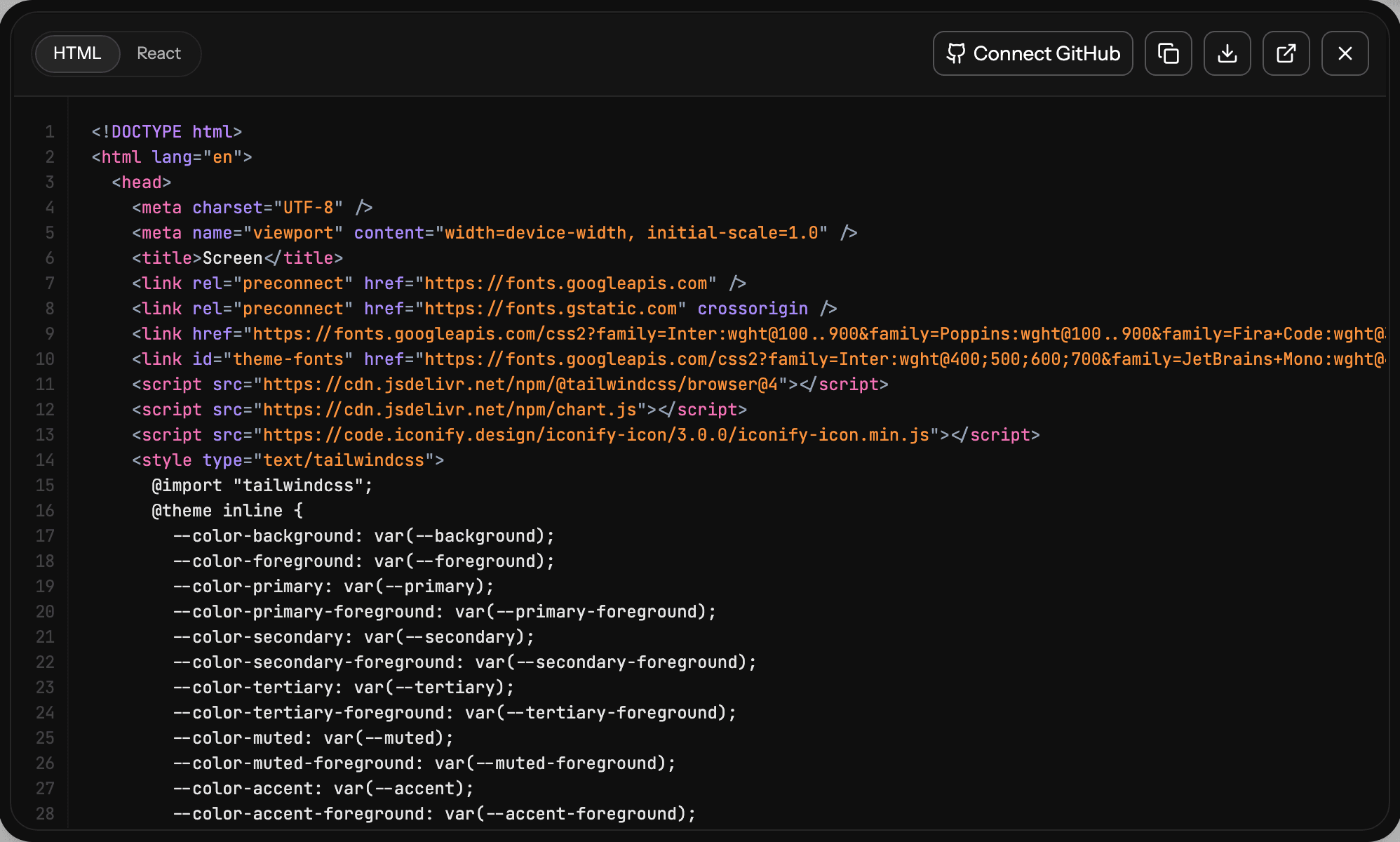UXMagic code view for a generated screen: HTML and React tabs, Tailwind with theme tokens as CSS variables, and a Connect GitHub button