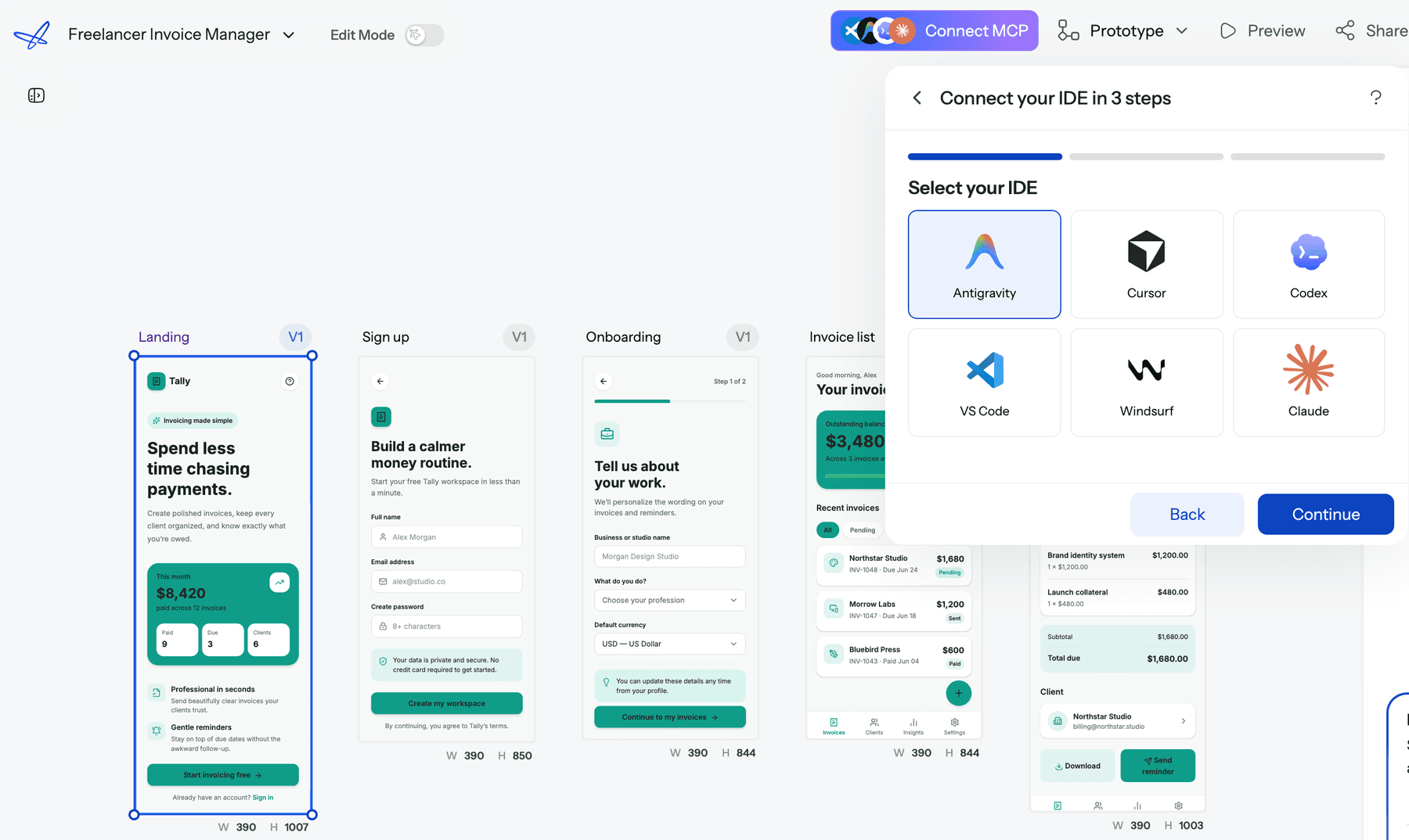 The UXMagic Connect MCP dialog over a five-screen flow, listing Antigravity, Cursor, Codex, VS Code, Windsurf and Claude