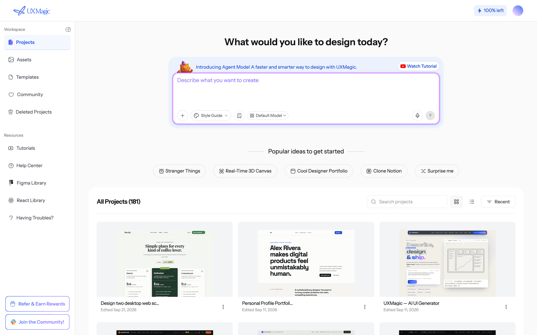 UXMagic dashboard prompt box asking "What would you like to design today?" with Style Guide and model picker options