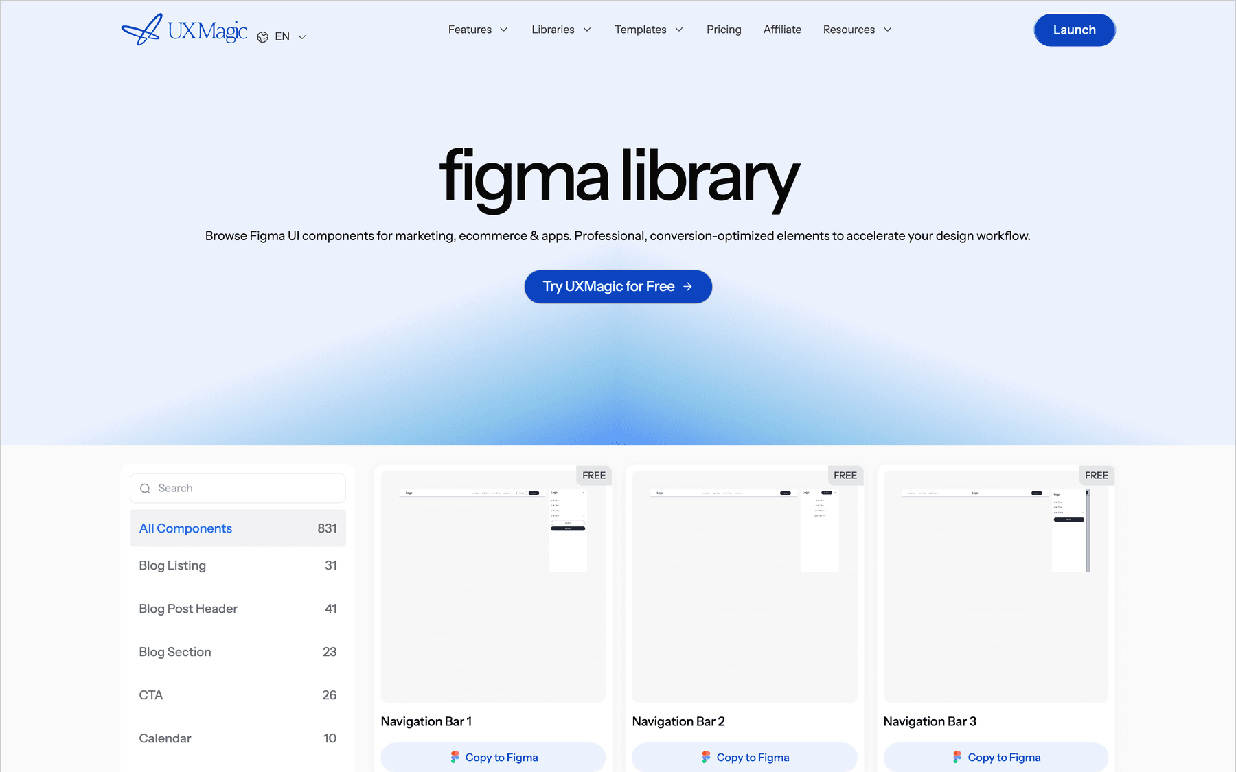 UXMagic Figma component library with ready-made sections and a Copy to Figma option