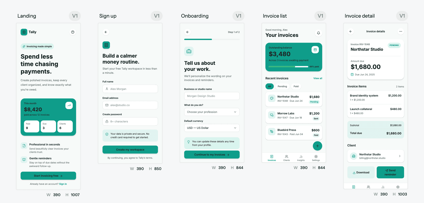 Five-screen mobile invoicing flow on the UXMagic canvas sharing one teal theme