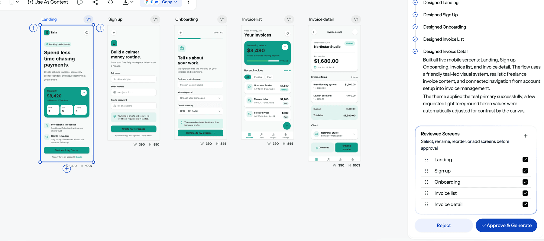 UXMagic chat panel with an approved screen plan and progress messages next to the generated screens on the canvas