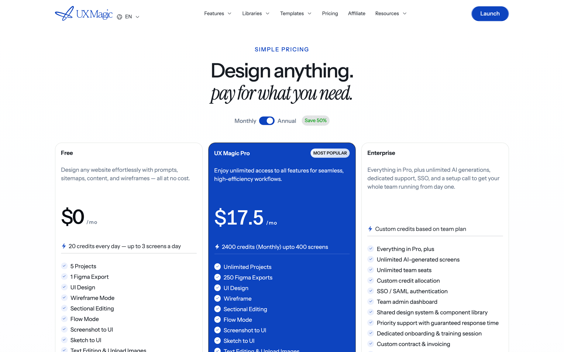 UXMagic pricing page showing the Free plan at $0, Pro at $17.5 a month billed annually, and Enterprise