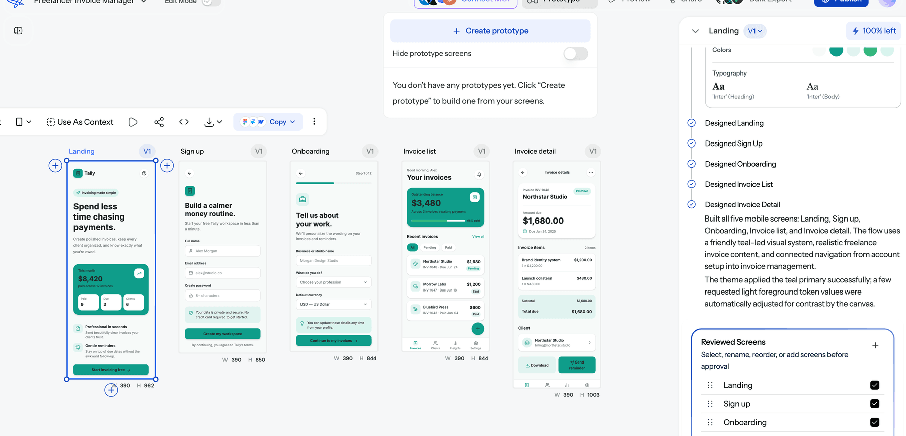 UXMagic prototype mode panel with a "Create prototype" button over a five-screen mobile flow