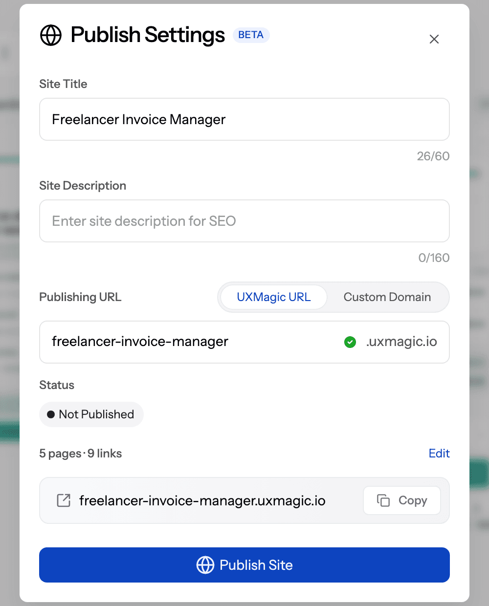 UXMagic Publish Settings dialog with site title and description fields, a choice between a UXMagic URL and a custom domain, a subdomain field and a Publish Site button