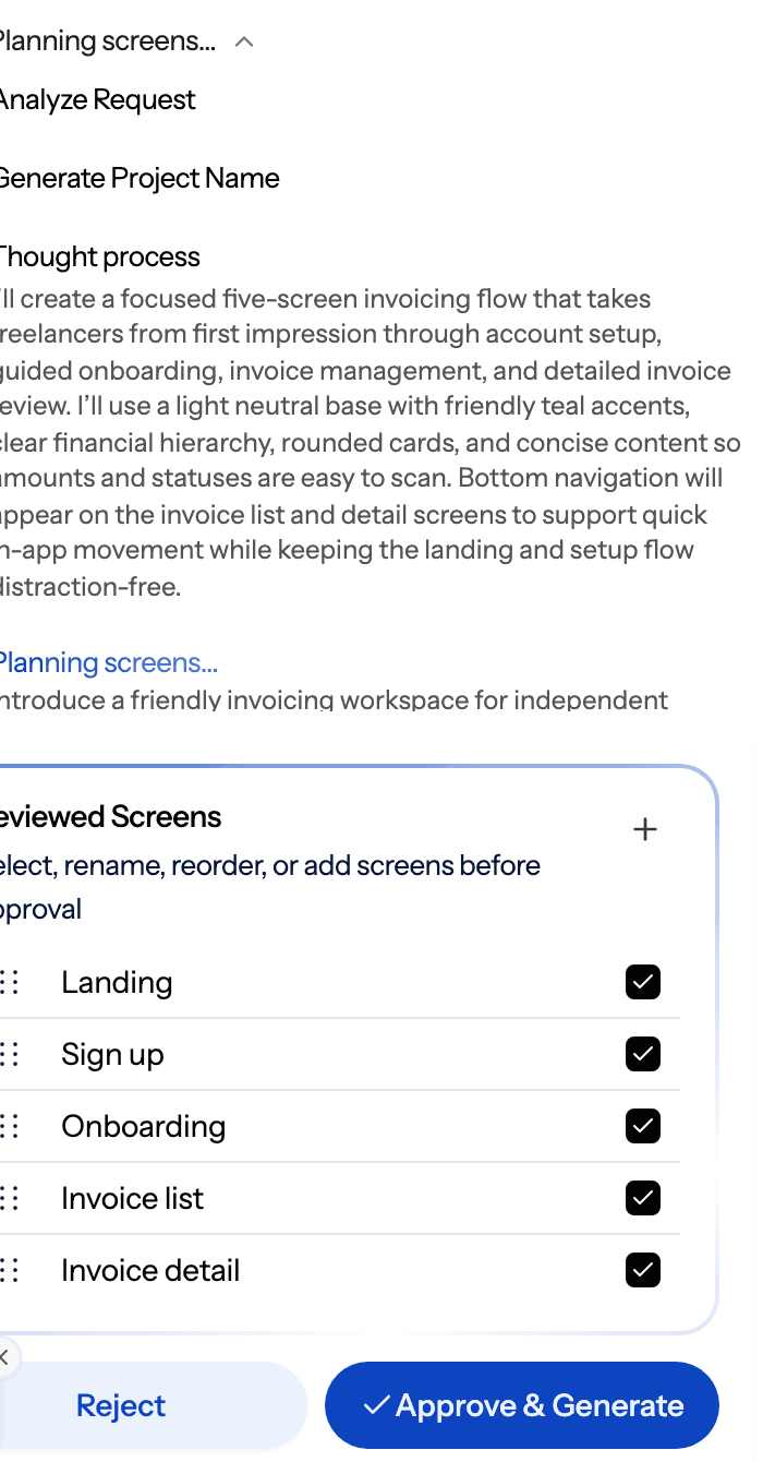 UXMagic screen-plan approval card listing Landing, Sign up, Onboarding, Invoice list and Invoice detail screens with Reject and Approve & Generate buttons