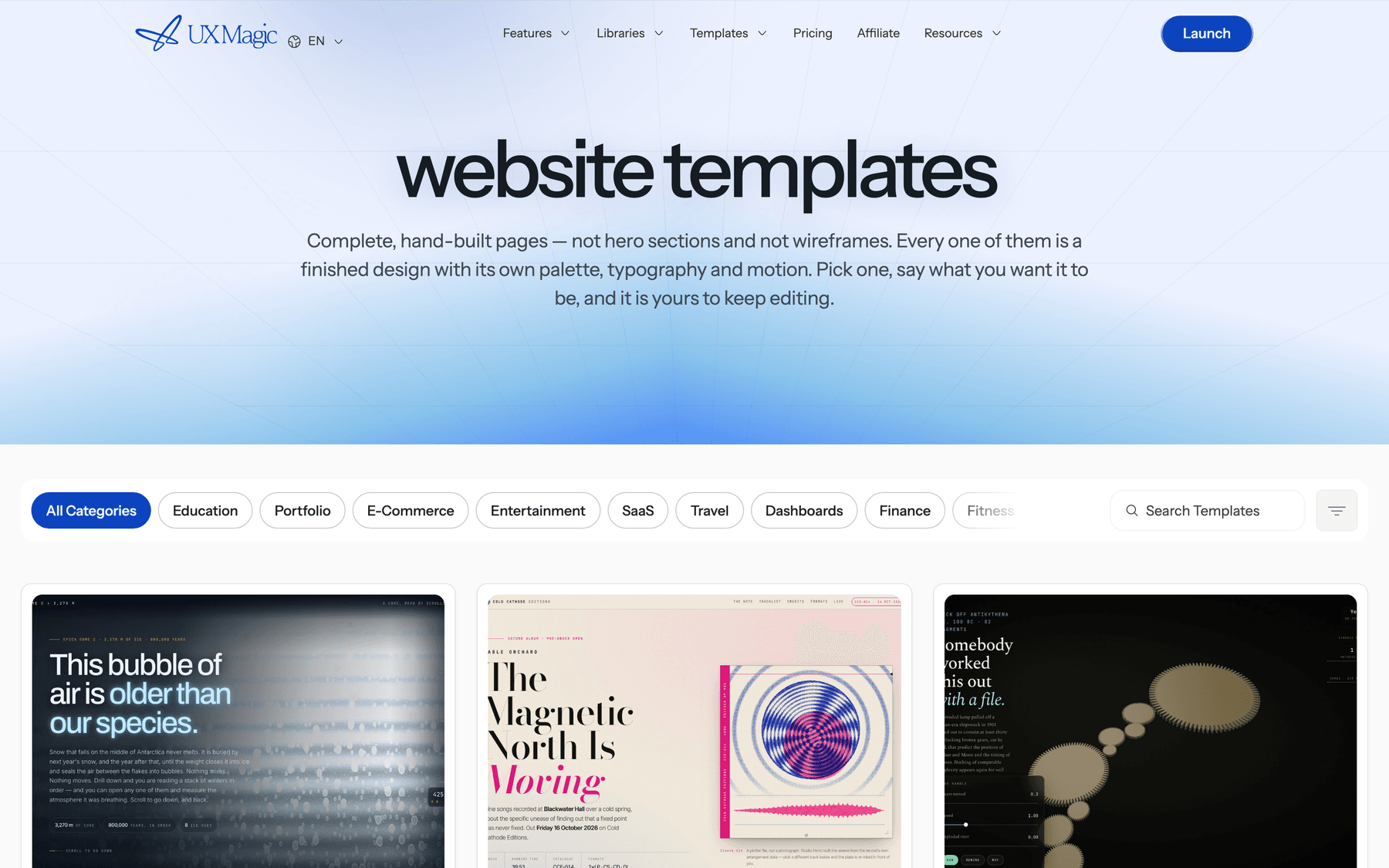 UXMagic website templates gallery showing portfolio, SaaS landing page and restaurant website templates